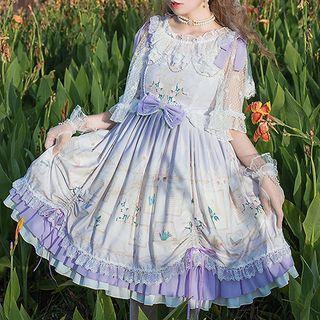 Ribbon Ruffled Print A-line Overall Dress