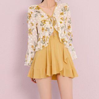 Set: Knotted Swimdress + Floral Print Cover-up