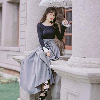 Set: Bell-sleeve Square Neck Top + Lace-up Midi A-line Skirt
