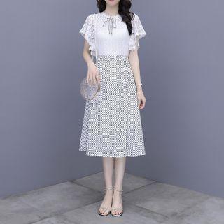 Set: Short-sleeve Lace Blouse + Dotted Midi A-line Skirt