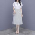 Set: Short-sleeve Lace Blouse + Dotted Midi A-line Skirt