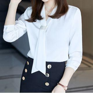 Long-sleeve Chiffon Blouse / Midi Pencil Skirt / Set