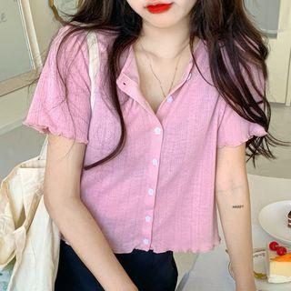 Short-sleeve Frill Trim Button Top