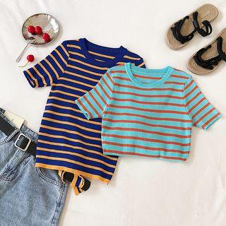 Tie-back Short-sleeve Stripe Lightweight Knit Top
