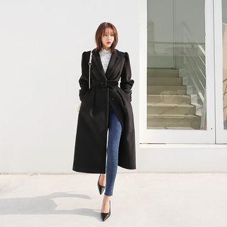 Belted Wool Blend A-line Long Coat