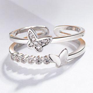 925 Sterling Silver Rhinestone Butterfly Layered Open Ring 925 Silver - Silver - One Size