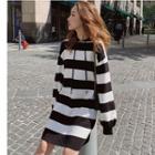 Striped Knit Hoodie Dress Black - One Size