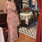 Long-sleeve V-neck Knit Midi Sheath Dress / Sashed Long Cardigan