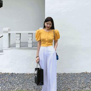 Band-waist Pintuck-front Linen Blend Pants