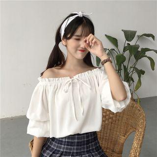 Off-shoulder Puff-shoulder Chiffon Blouse