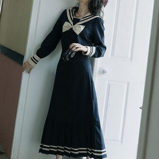 Set: Long-sleeve Sailor Collar Top + Maxi Pleated Skirt