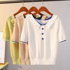 Collared Buttoned Short-sleeve Knit Top