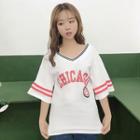 V-neck Striped Trim Short-sleeve T-shirt