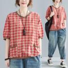 V-neck Contrast Trim Plaid Top Gingham - Red - One Size