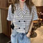 Short-sleeve Double-breasted Plaid Crop Shirt