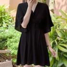 Tie-back V-neck Elbow-sleeve Mini A-line Dress