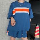 Set: 3/4-sleeve Color Block T-shirt + Wide-leg Shorts