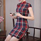 Short-sleeve Plaid Mini Qipao Dress