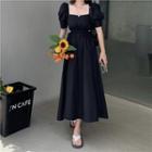 Short-sleeve Square-neck Plain Midi Dress Black - One Size