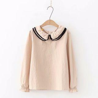 Contrast Trim Peter Pan Collar Long Sleeve Top Light Khaki - One Size