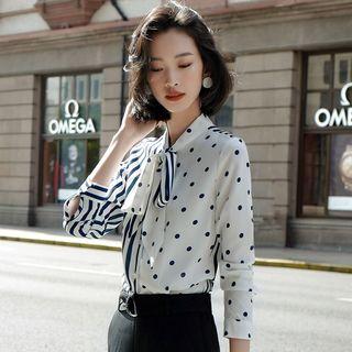 Tie-neck Striped Dotted Panel Shirt / Cropped Straight-fit Pants