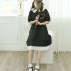 Contrast-collar Lace-trim Dress Black - One Size