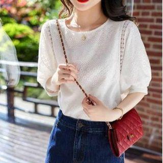 Lantern-sleeve Short-sleeve Round Neck Embroidered Plain Cotton Top
