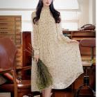 Long-sleeve Floral Print Midi Chiffon Dress With Sash
