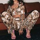 Set: Leopard Print Long-sleeve Cut-out Cropped Top + High-waist Pants