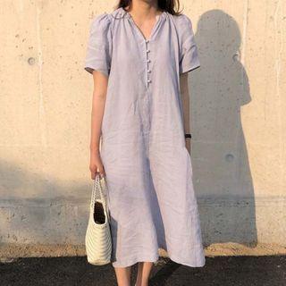 V-neck Short-sleeve Midi A-line Dress Blue - One Size
