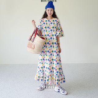 Short-sleeve Star Print Maxi Dress White - One Size