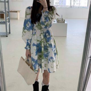 Tie Dye Ruffled Trim Puff-sleeve A-line Dress
