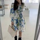 Tie Dye Ruffled Trim Puff-sleeve A-line Dress