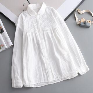 Long-sleeve Collared Lace Panel Blouse 6131 - White - One Size
