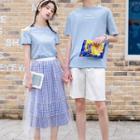 Couple Matching Lettering Short-sleeve T-shirt / Mesh Overlay Plaid A-line Skirt / Shorts