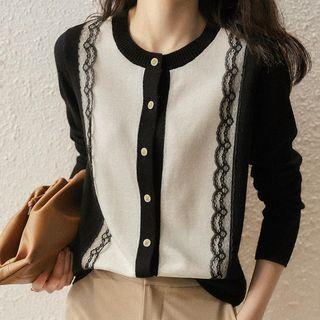 Lace Trim Two-tone Cardigan Black & White - One Size