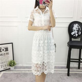 Short Sleeve Collared Midi Lace Dress