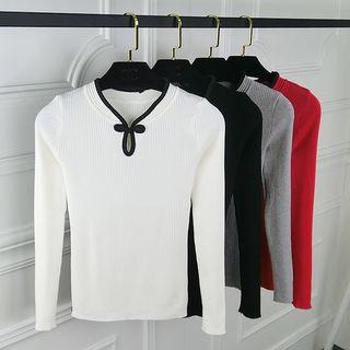 Long-sleeve Frog-buttoned Knit Top