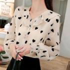Long-sleeve Heart Print Frill Trim V-neck Blouse