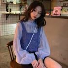 Lantern-sleeve Blouse / Crochet Knit Vest