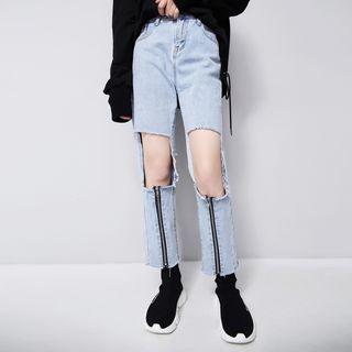 Zipper-hem Cutout Straight-fit Jeans