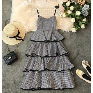 Spaghetti Strap Midi Plaid Layered Dress