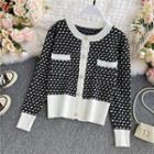 Round-neck Color-block Houndstooth Knitted Cardigan