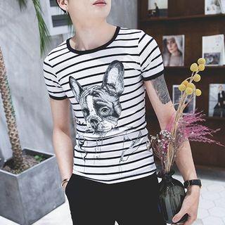 Dog Print Striped Short Sleeve T-shirt
