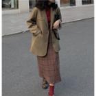 Long-sleeve Mock-turtleneck T-shirt / Plain Blazer / Plaid Midi Straight Fit Skirt