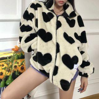 Heart Print Furry Zip Jacket