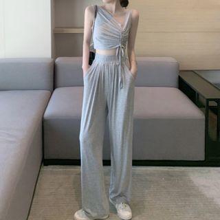 Drawstring Cropped Tank Top / Wide-leg Pants