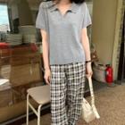 Short-sleeve Collared Knit Top / Plaid Cropped Harem Pants