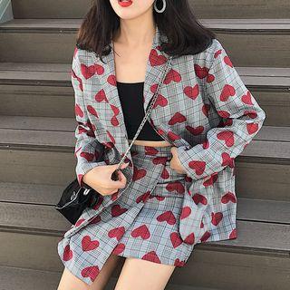 Plaid Heart Print Blazer / Mini A-line Skirt