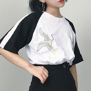 Crane Embroidered Color Panel Elbow Sleeve T-shirt
